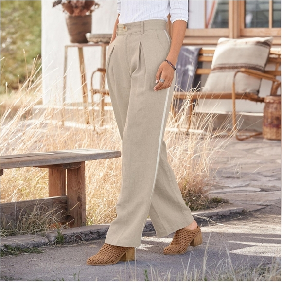 NWT Sundance Bellamy Pleated Linen Pants Size 16 Natural Beige Wide Leg - Picture 1 of 11